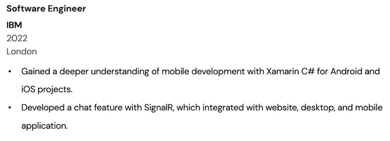 Software Engineer CV example - Additional work experience