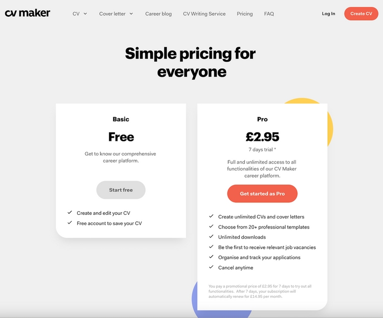 CVMaker - Pricing