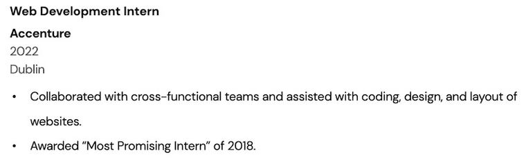 Web Development Intern CV example - Additional work experience