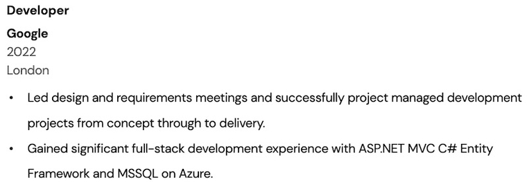Developer CV example - Additional work experience