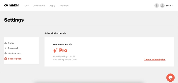 CVMaker - Cancel your subcription via account settings